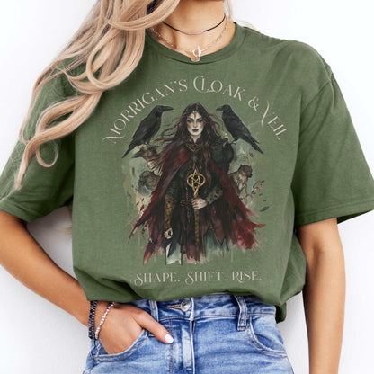 Morrigan's Cloak & Veil T-Shirt – Celtic Goddess Tee Military Green / S T-Shirt The Mystic Eden Bookish Book Lovers