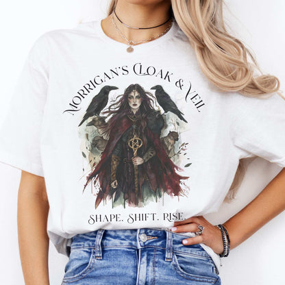 Morrigan's Cloak & Veil T-Shirt – Celtic Goddess Tee White / S T-Shirt The Mystic Eden Bookish Book Lovers
