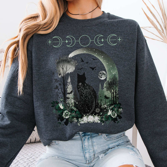 Mystical Black Cat Sweatshirt Dark Heather / S Sweatshirt The Mystic Eden Bookish Book Lovers