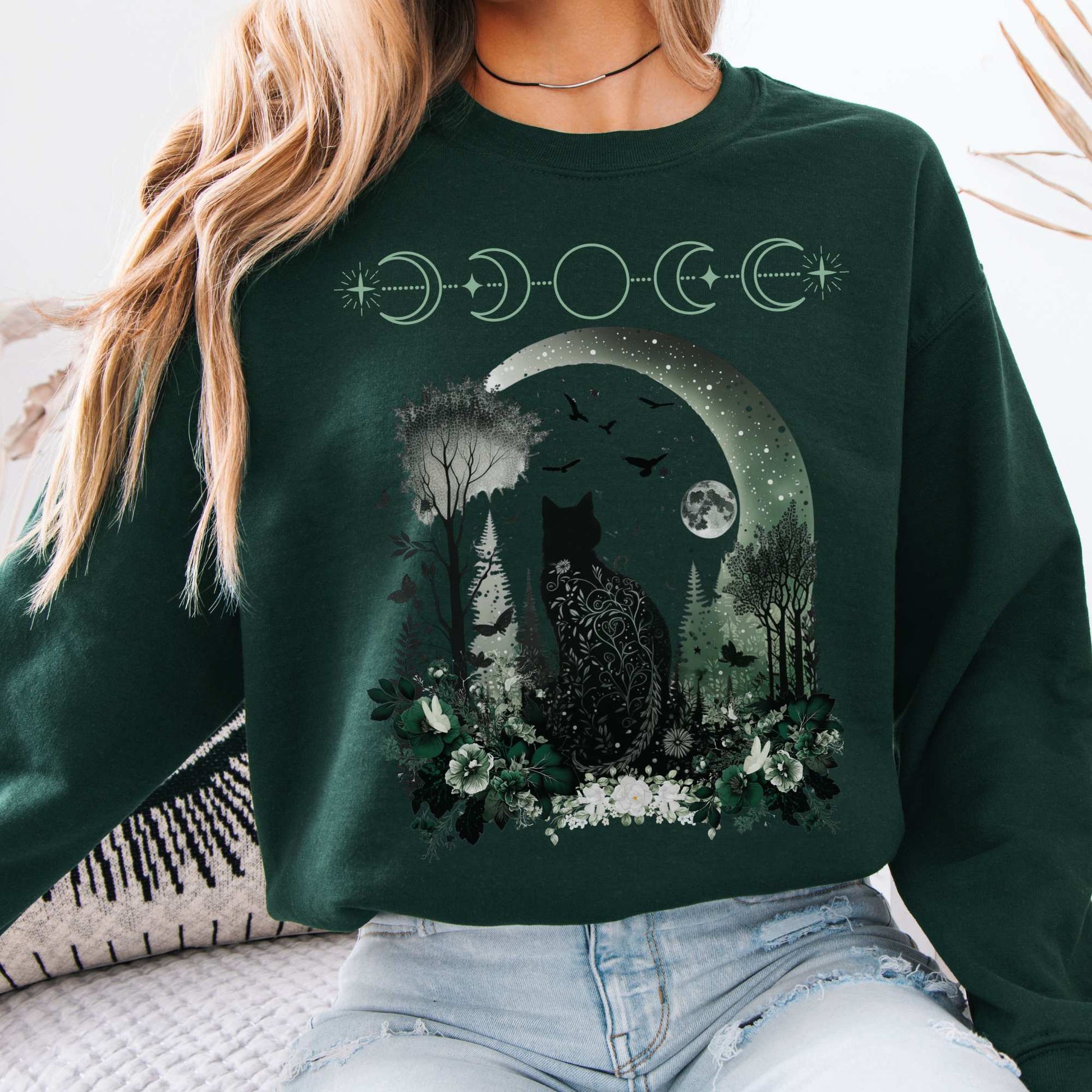 Mystical Black Cat Sweatshirt Forest Green / S Sweatshirt The Mystic Eden Bookish Book Lovers