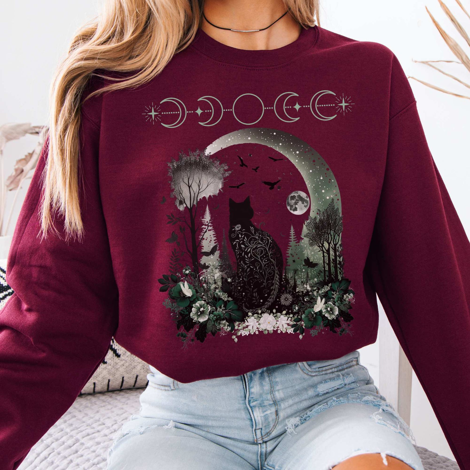 Mystical Black Cat Sweatshirt Maroon / S Sweatshirt The Mystic Eden Bookish Book Lovers