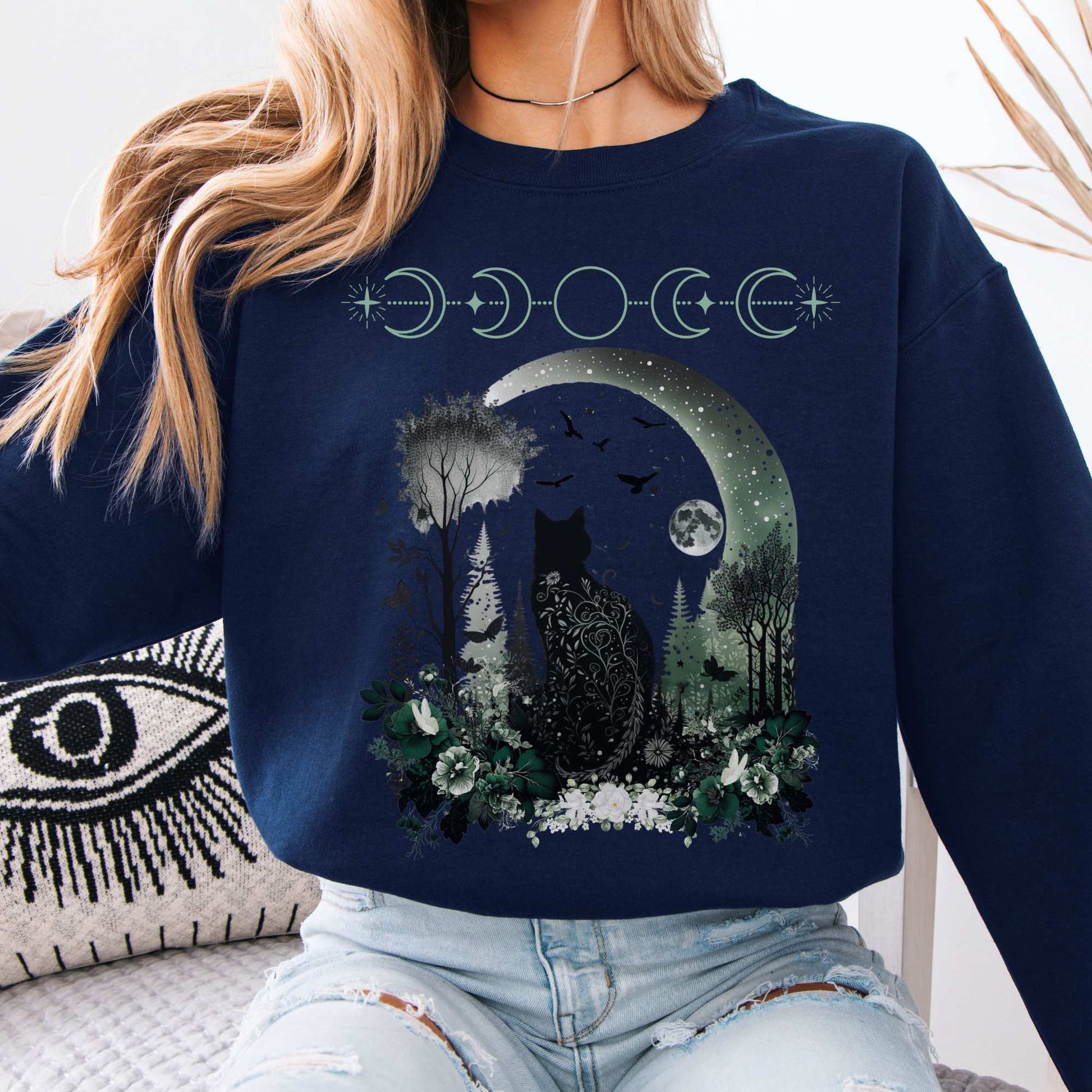 Mystical Black Cat Sweatshirt Navy / S Sweatshirt The Mystic Eden Bookish Book Lovers