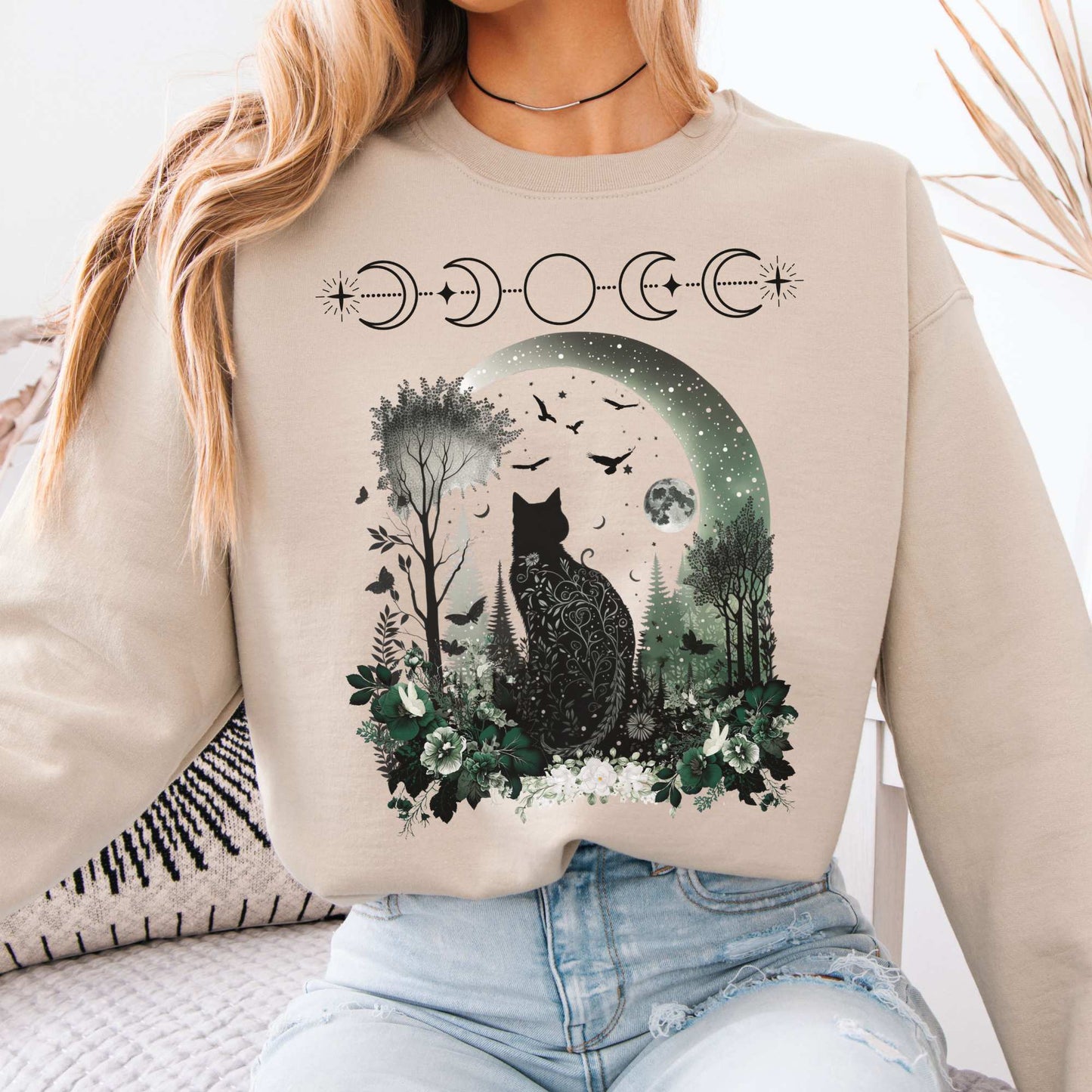 Mystical Black Cat Sweatshirt Sand / S Sweatshirt The Mystic Eden Bookish Book Lovers