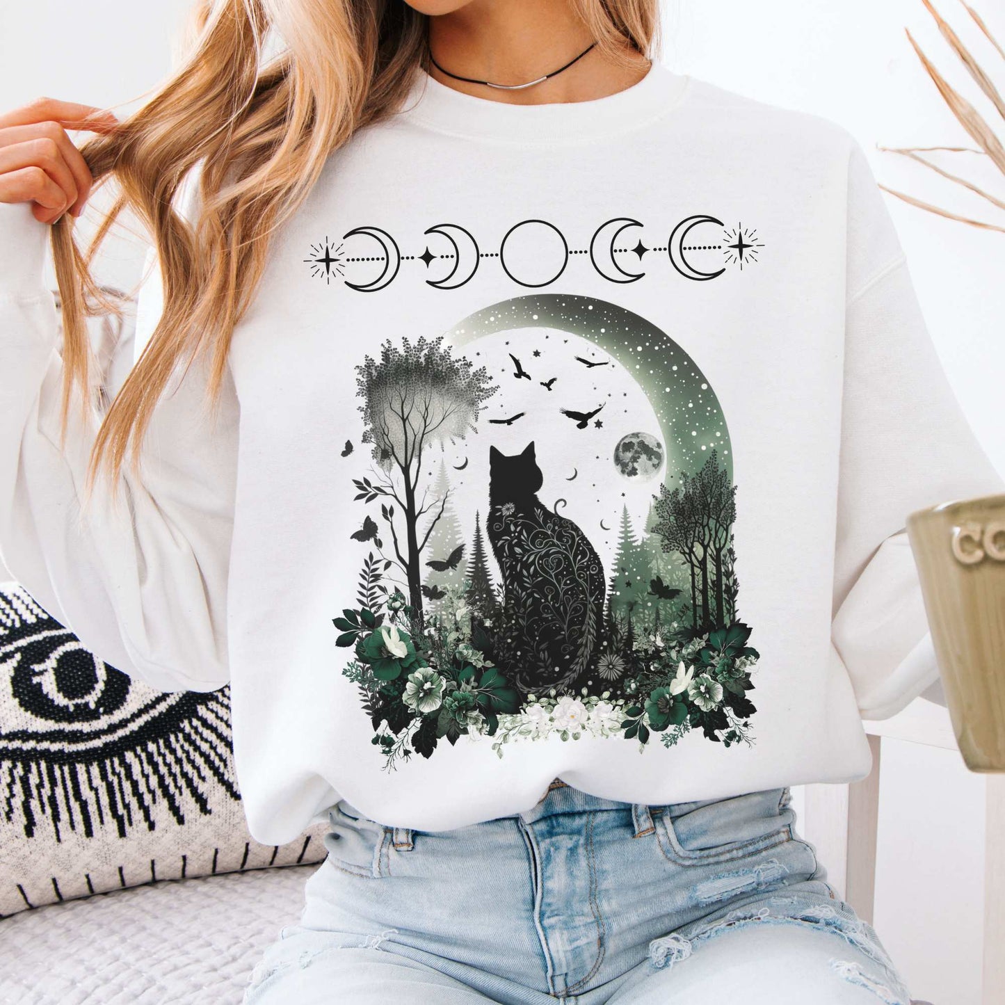 Mystical Black Cat Sweatshirt White / S Sweatshirt The Mystic Eden Bookish Book Lovers