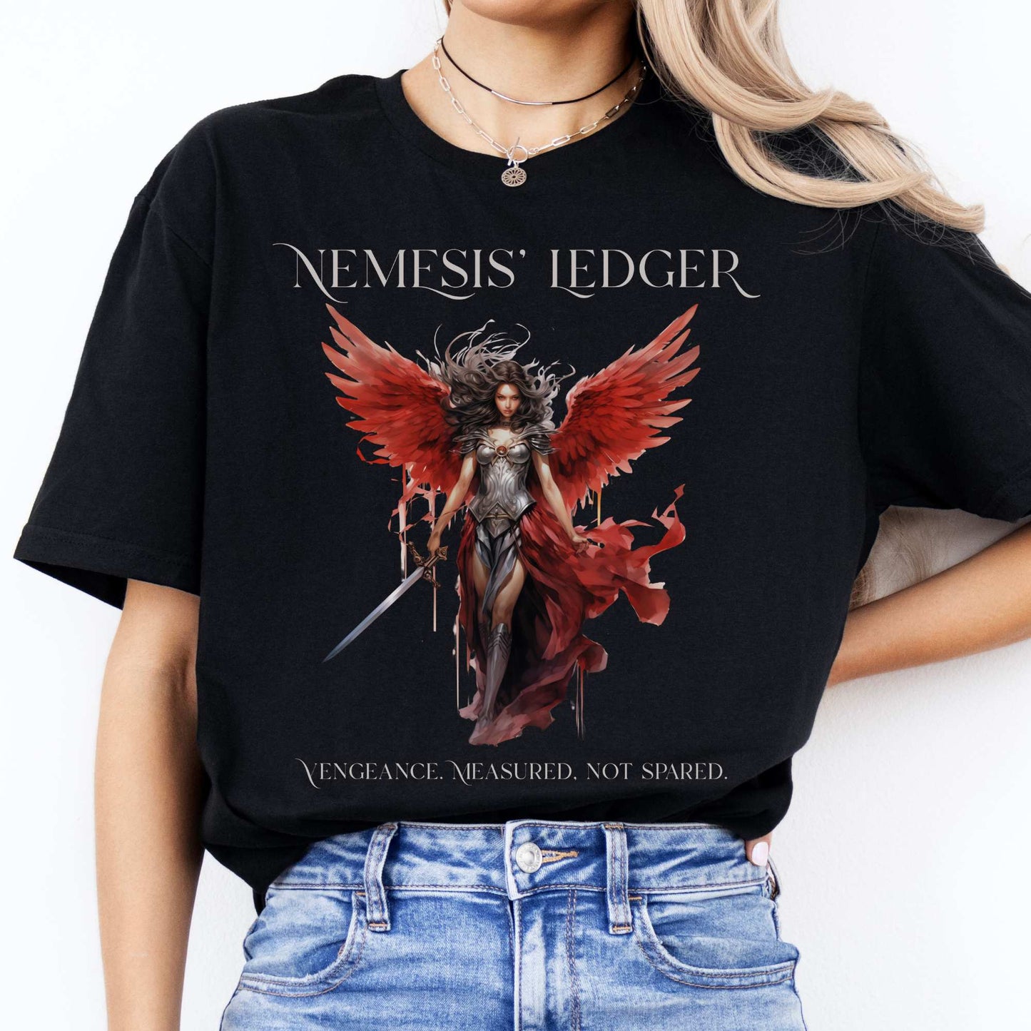 Nemesis' Ledger T-Shirt – Goddess of Justice Tee Black / S T-Shirt The Mystic Eden Bookish Book Lovers