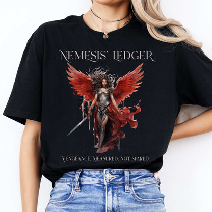 Nemesis' Ledger T-Shirt – Goddess of Justice Tee Black / S T-Shirt The Mystic Eden Bookish Book Lovers