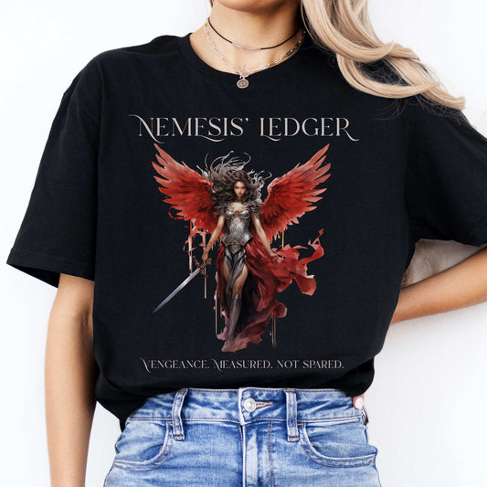 Nemesis' Ledger T-Shirt – Goddess of Justice Tee Black / S T-Shirt The Mystic Eden Bookish Book Lovers