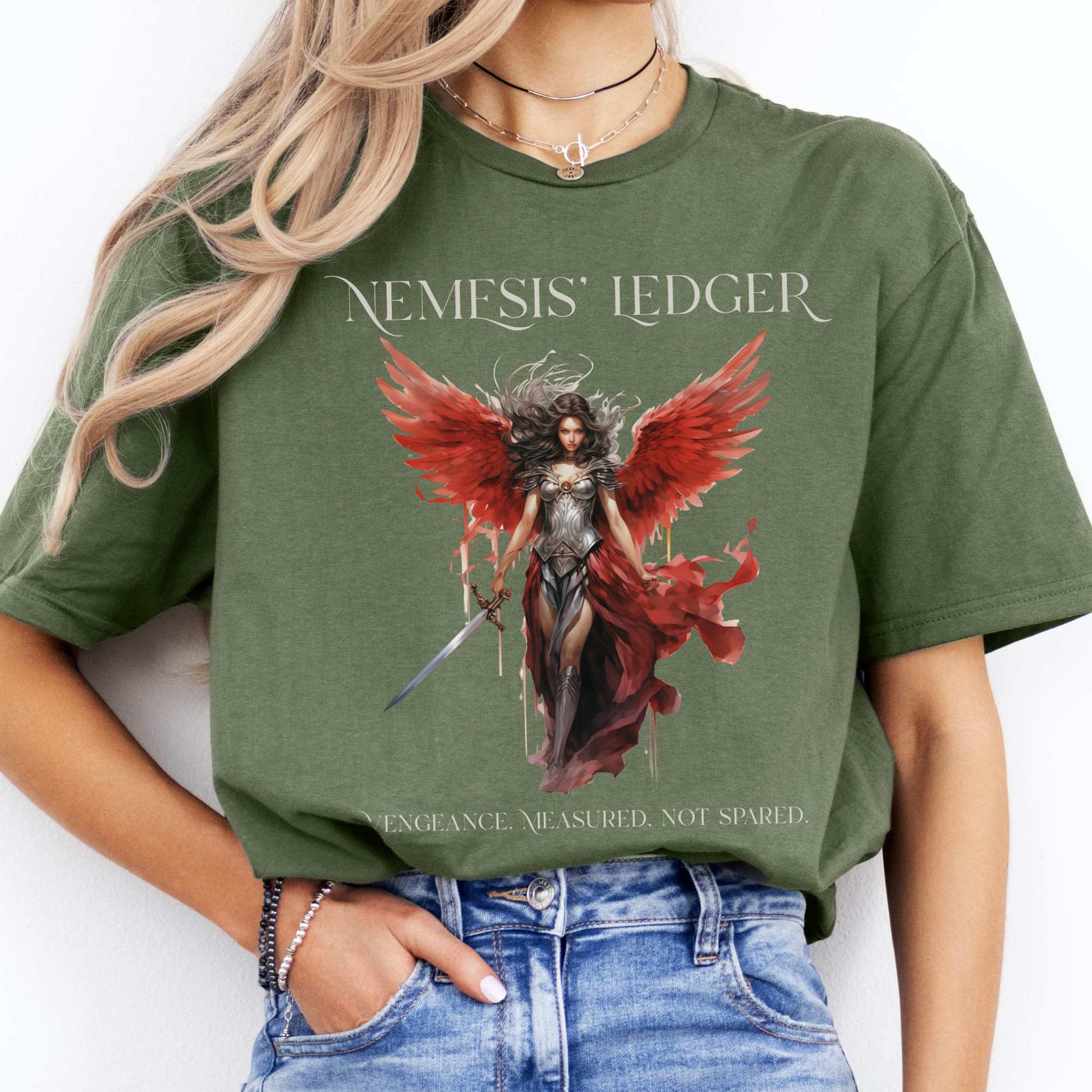 Nemesis' Ledger T-Shirt – Goddess of Justice Tee Military Green / S T-Shirt The Mystic Eden Bookish Book Lovers