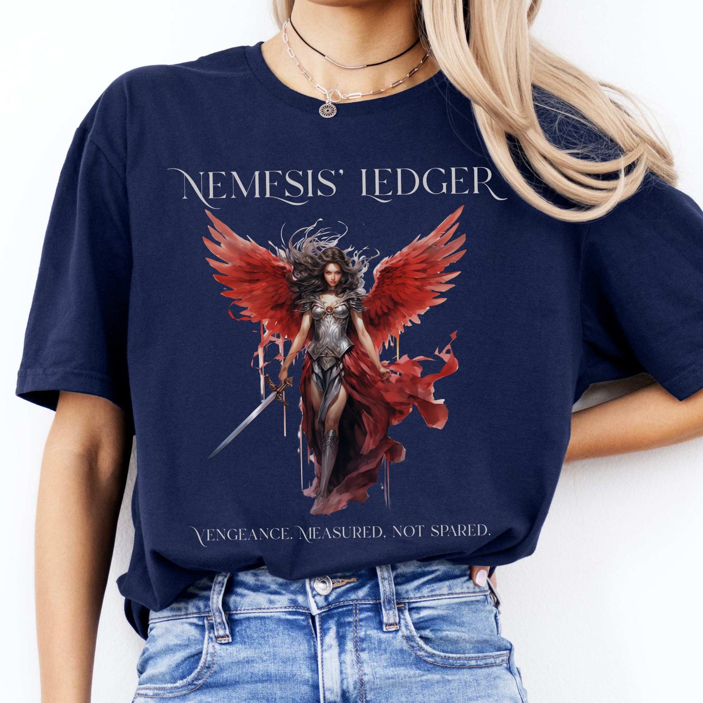 Nemesis' Ledger T-Shirt – Goddess of Justice Tee Navy / S T-Shirt The Mystic Eden Bookish Book Lovers