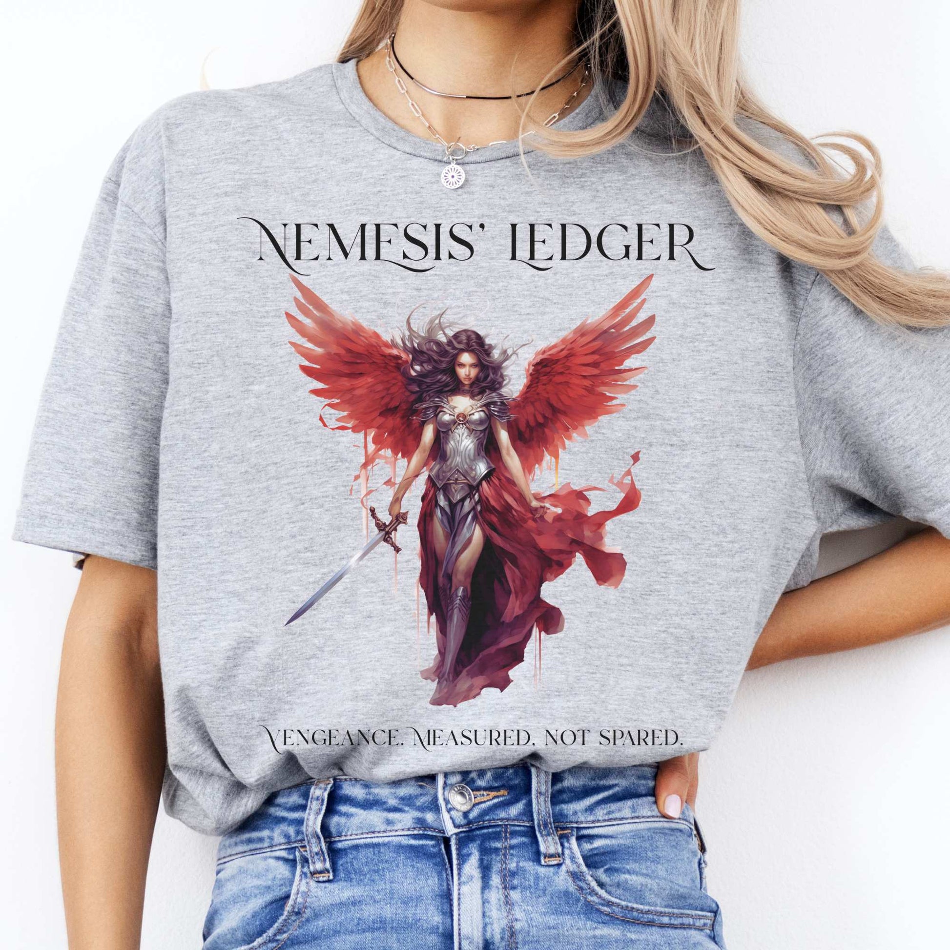 Nemesis' Ledger T-Shirt – Goddess of Justice Tee Sport Grey / S T-Shirt The Mystic Eden Bookish Book Lovers