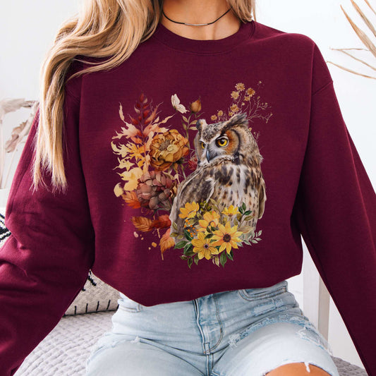 Owl Cottagecore Autumn Sweatshirt Maroon / S Sweatshirt The Mystic Eden Bookish Book Lovers
