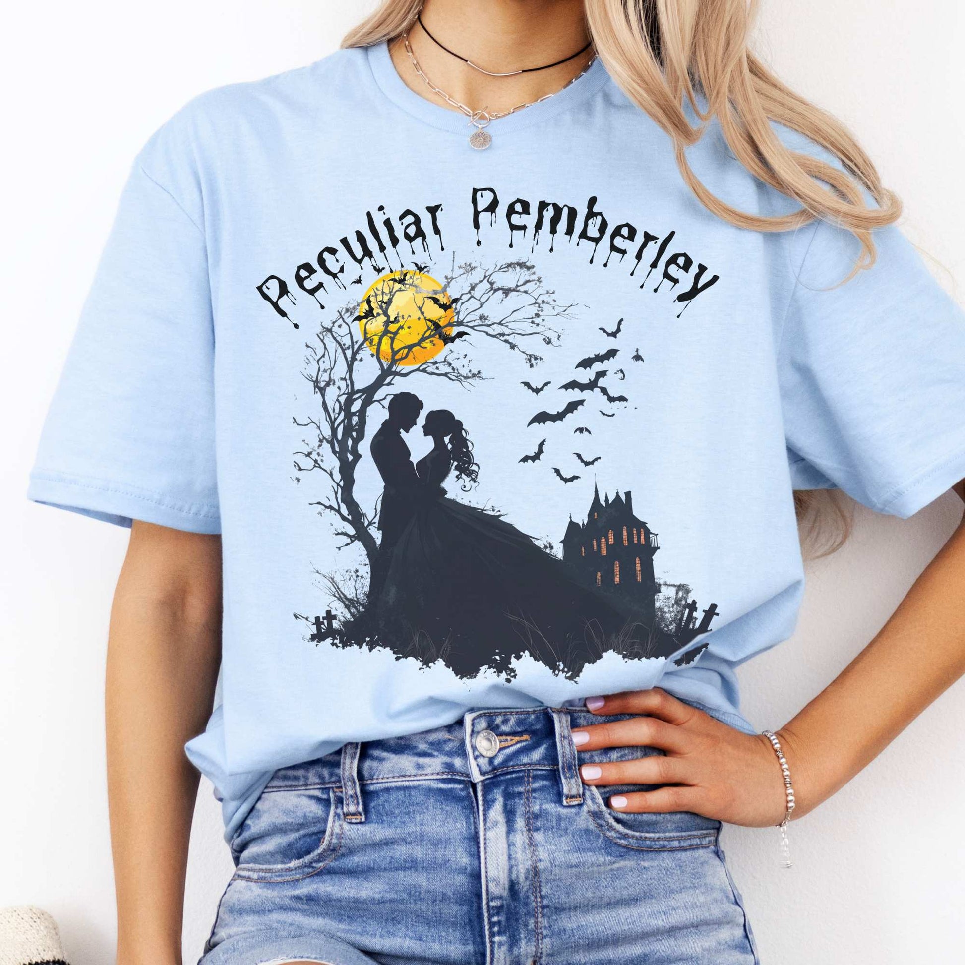 Peculiar Pemberley Pride & Prejudice Halloween Shirt Light Blue / S T-Shirt The Mystic Eden Bookish Book Lovers