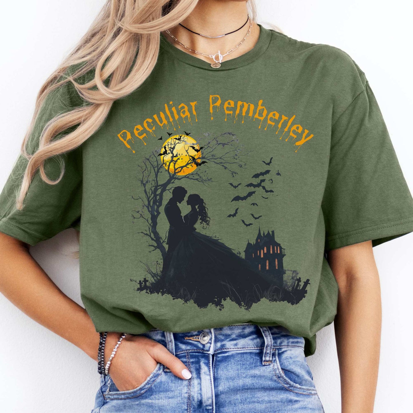Peculiar Pemberley Pride & Prejudice Halloween Shirt Military Green / S T-Shirt The Mystic Eden Bookish Book Lovers