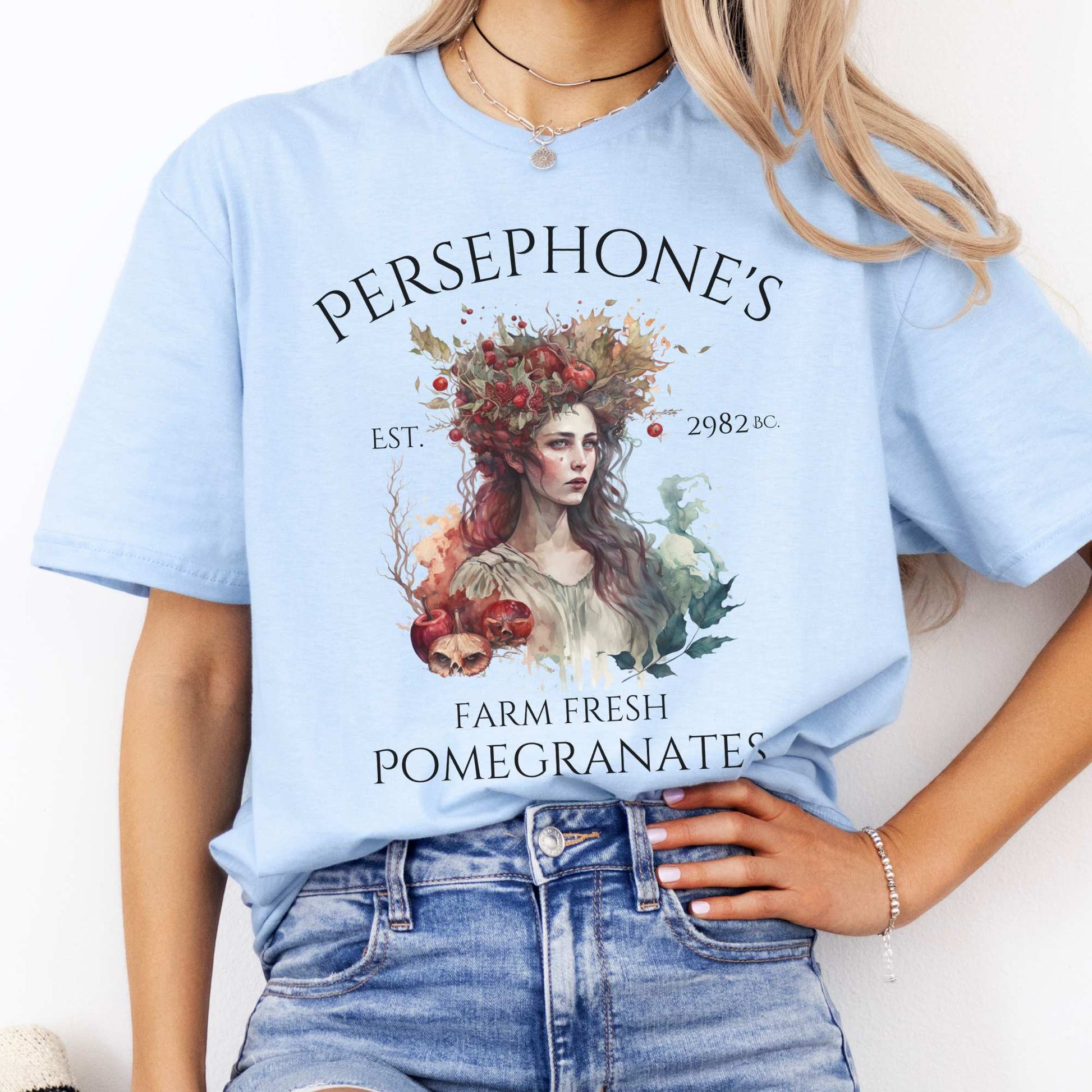 Persephone's Farm Fresh Pomegranates Greek Mythology Shirt Light Blue / S T-Shirt The Mystic Eden Bookish Book Lovers