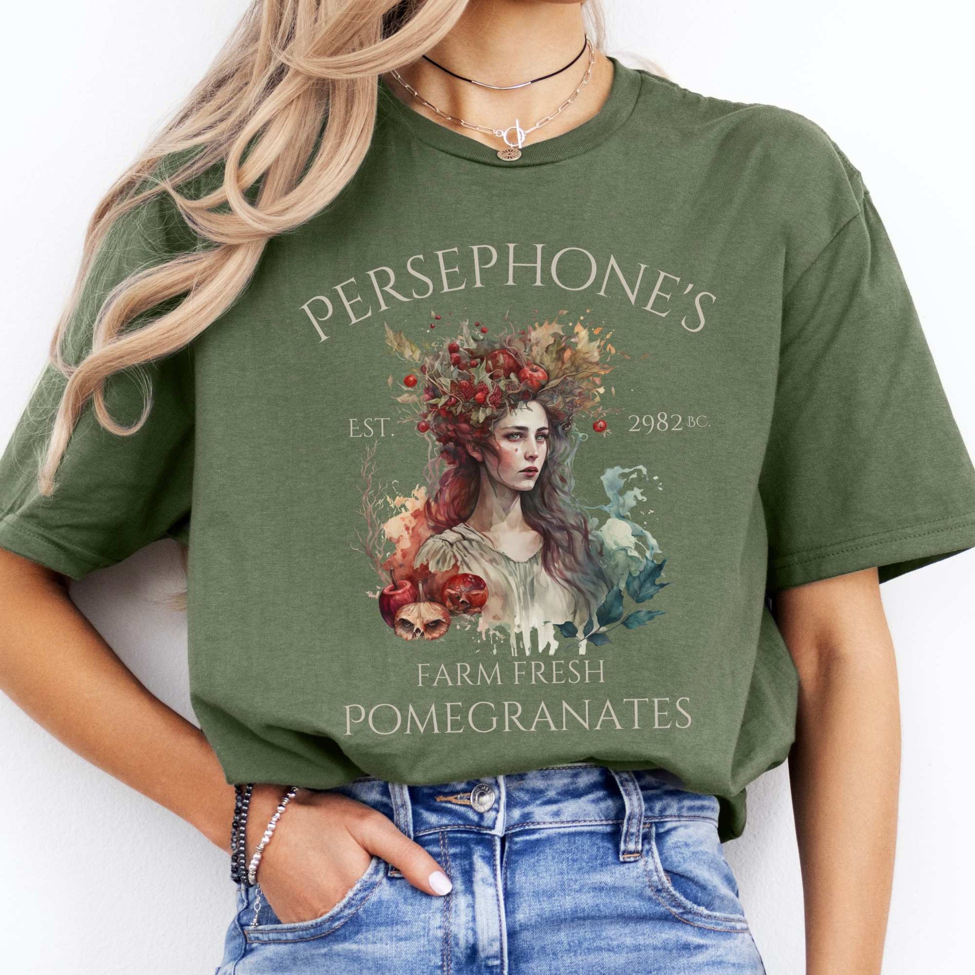 Persephone's Farm Fresh Pomegranates Greek Mythology Shirt Military Green / S T-Shirt The Mystic Eden Bookish Book Lovers