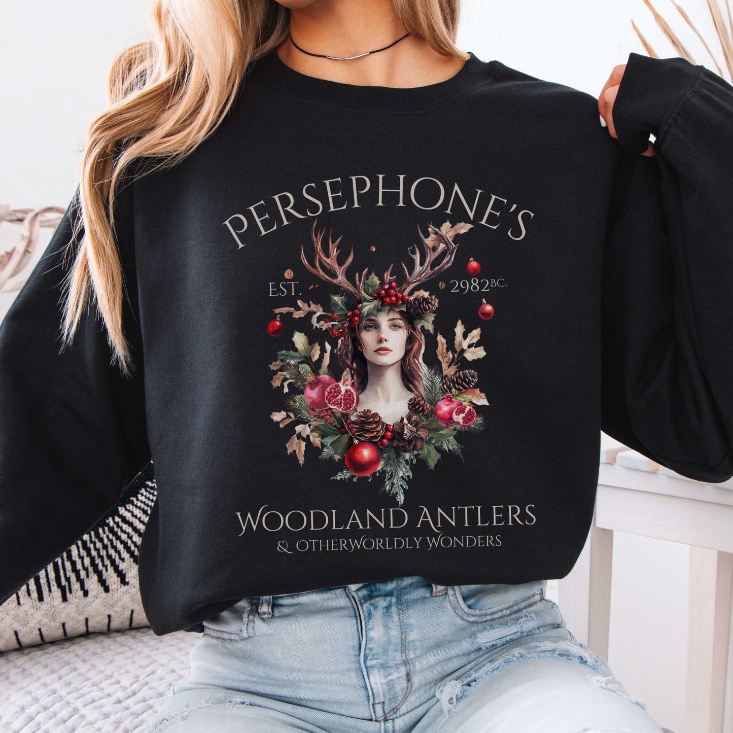 Persephone's Woodland Antlers Christmas Sweatshirt Black / S Sweatshirt The Mystic Eden Bookish Book Lovers