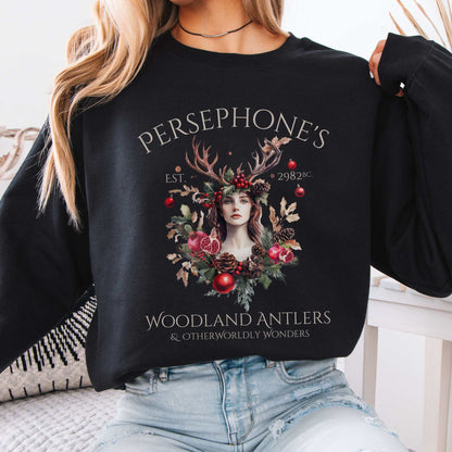 Persephone's Woodland Antlers Christmas Sweatshirt Black / S Sweatshirt The Mystic Eden Bookish Book Lovers