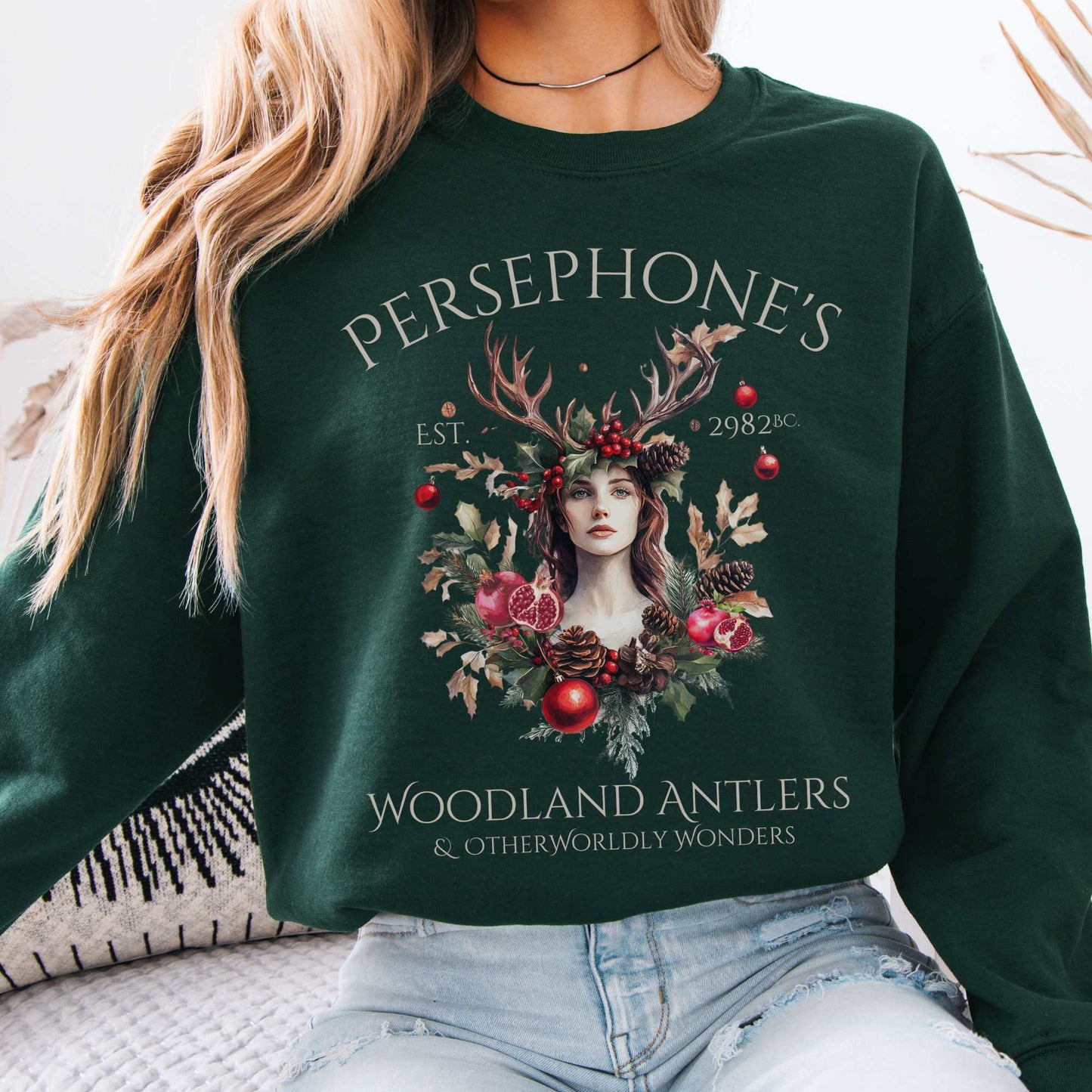 Persephone's Woodland Antlers Christmas Sweatshirt Forest Green / S Sweatshirt The Mystic Eden Bookish Book Lovers