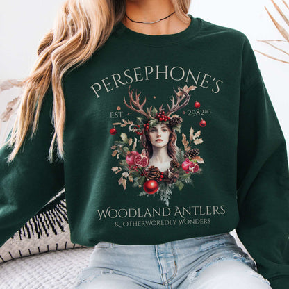 Persephone's Woodland Antlers Christmas Sweatshirt Forest Green / S Sweatshirt The Mystic Eden Bookish Book Lovers