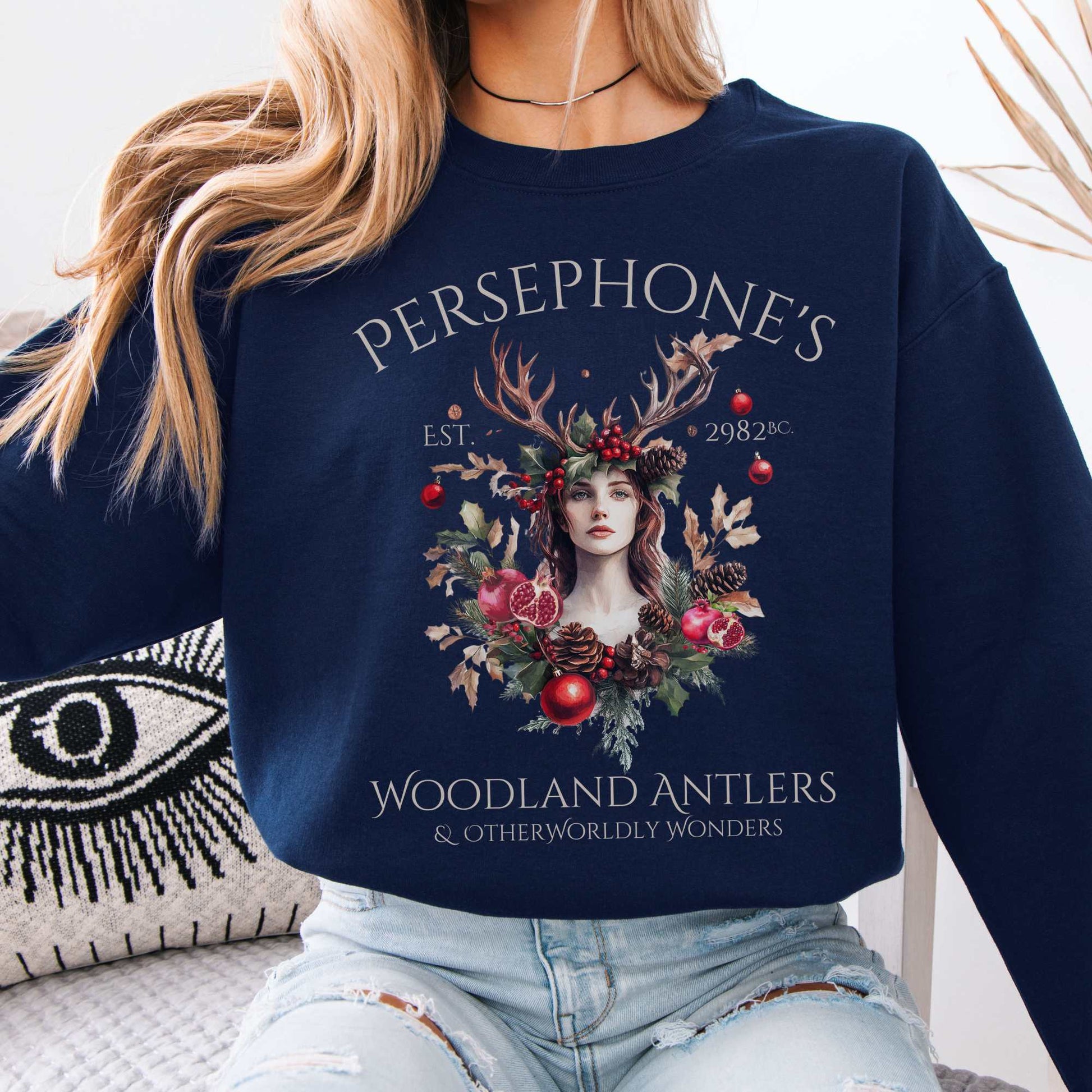 Persephone's Woodland Antlers Christmas Sweatshirt Navy / S Sweatshirt The Mystic Eden Bookish Book Lovers