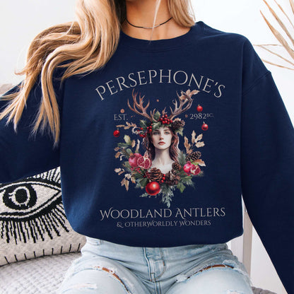 Persephone's Woodland Antlers Christmas Sweatshirt Navy / S Sweatshirt The Mystic Eden Bookish Book Lovers