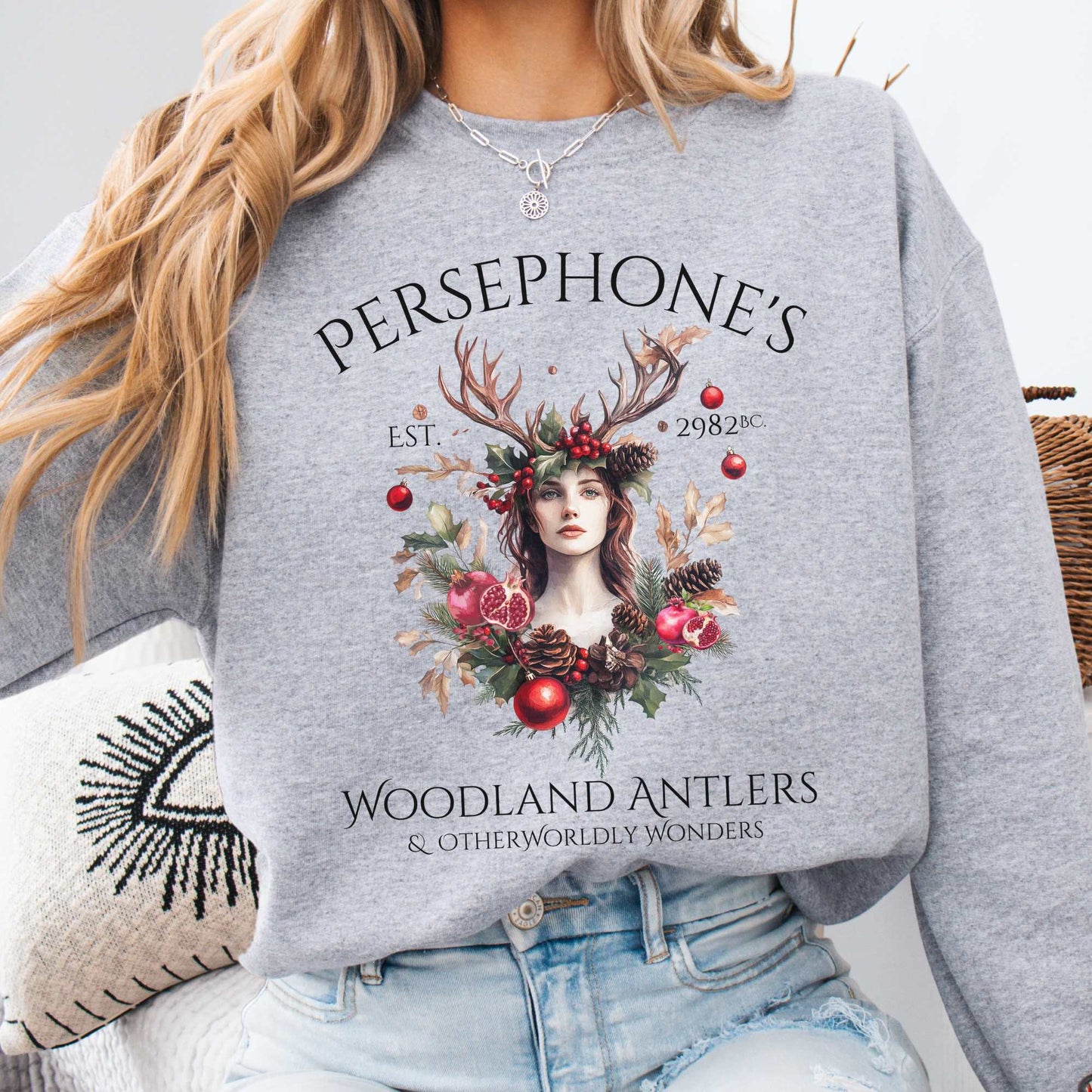 Persephone's Woodland Antlers Christmas Sweatshirt Sport Grey / S Sweatshirt The Mystic Eden Bookish Book Lovers