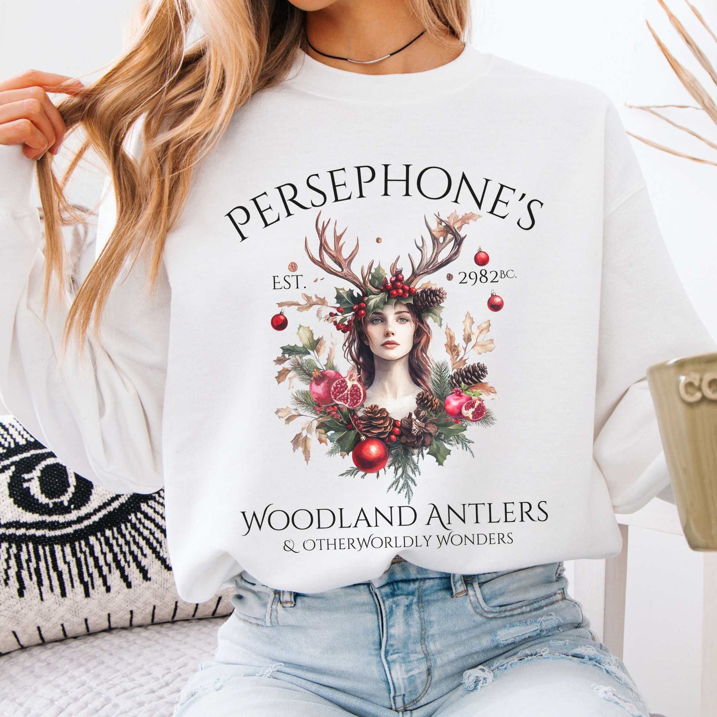Persephone's Woodland Antlers Christmas Sweatshirt White / S Sweatshirt The Mystic Eden Bookish Book Lovers