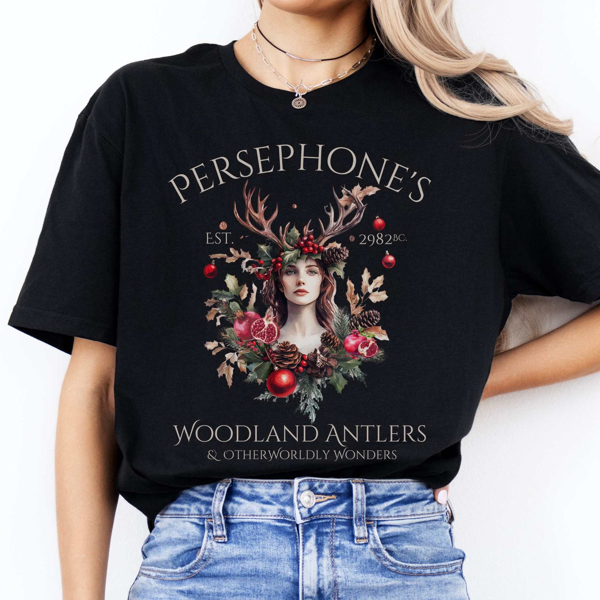 Persephone's Woodland Antlers Christmas T-Shirt Black / S T-Shirt The Mystic Eden Bookish Book Lovers