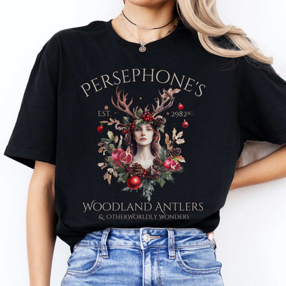 Persephone's Woodland Antlers Christmas T-Shirt Black / S T-Shirt The Mystic Eden Bookish Book Lovers
