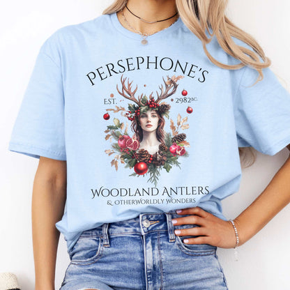 Persephone's Woodland Antlers Christmas T-Shirt Light Blue / S T-Shirt The Mystic Eden Bookish Book Lovers