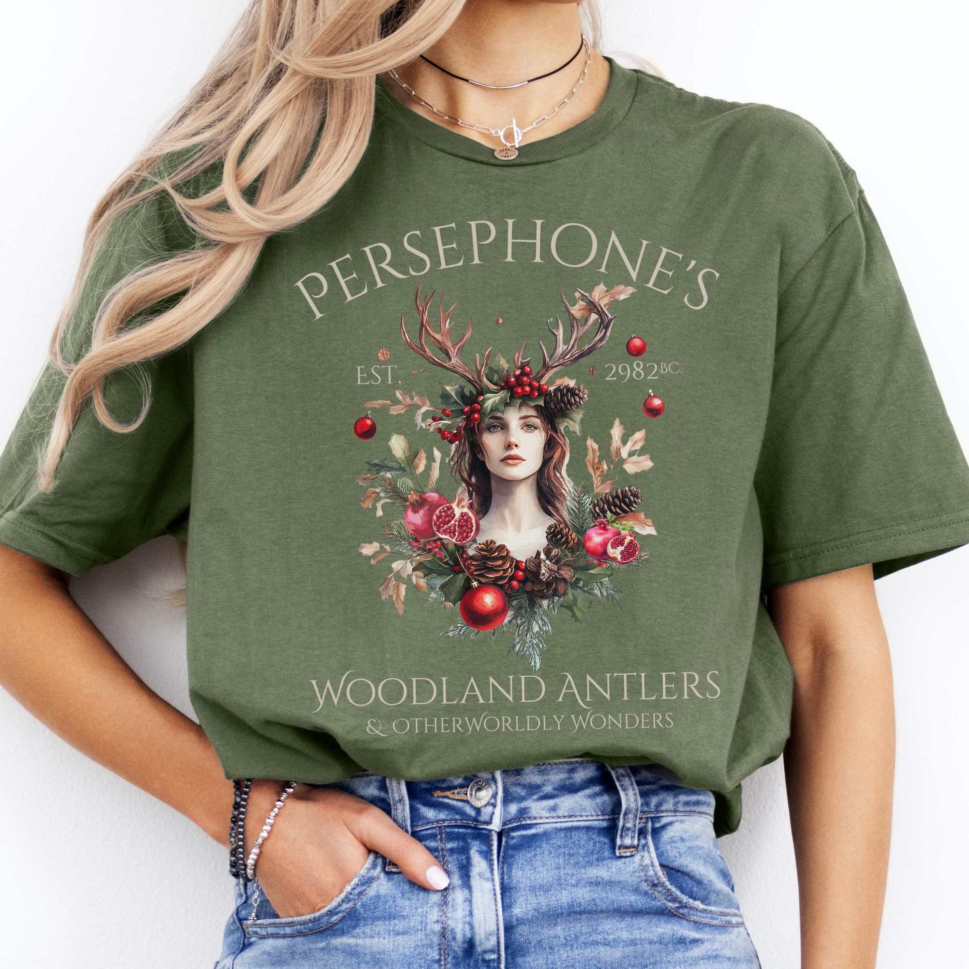 Persephone's Woodland Antlers Christmas T-Shirt Military Green / S T-Shirt The Mystic Eden Bookish Book Lovers