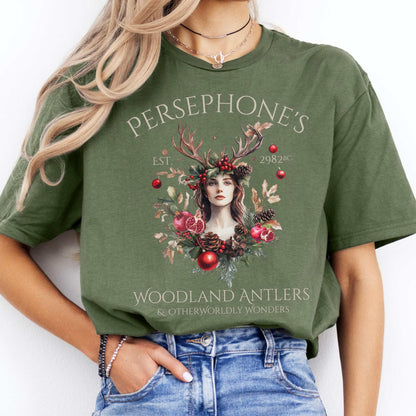 Persephone's Woodland Antlers Christmas T-Shirt Military Green / S T-Shirt The Mystic Eden Bookish Book Lovers