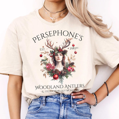 Persephone's Woodland Antlers Christmas T-Shirt Natural / S T-Shirt The Mystic Eden Bookish Book Lovers
