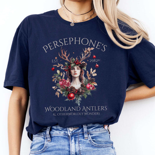 Persephone's Woodland Antlers Christmas T-Shirt Navy / S T-Shirt The Mystic Eden Bookish Book Lovers