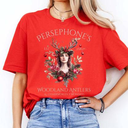 Persephone's Woodland Antlers Christmas T-Shirt Red / S T-Shirt The Mystic Eden Bookish Book Lovers