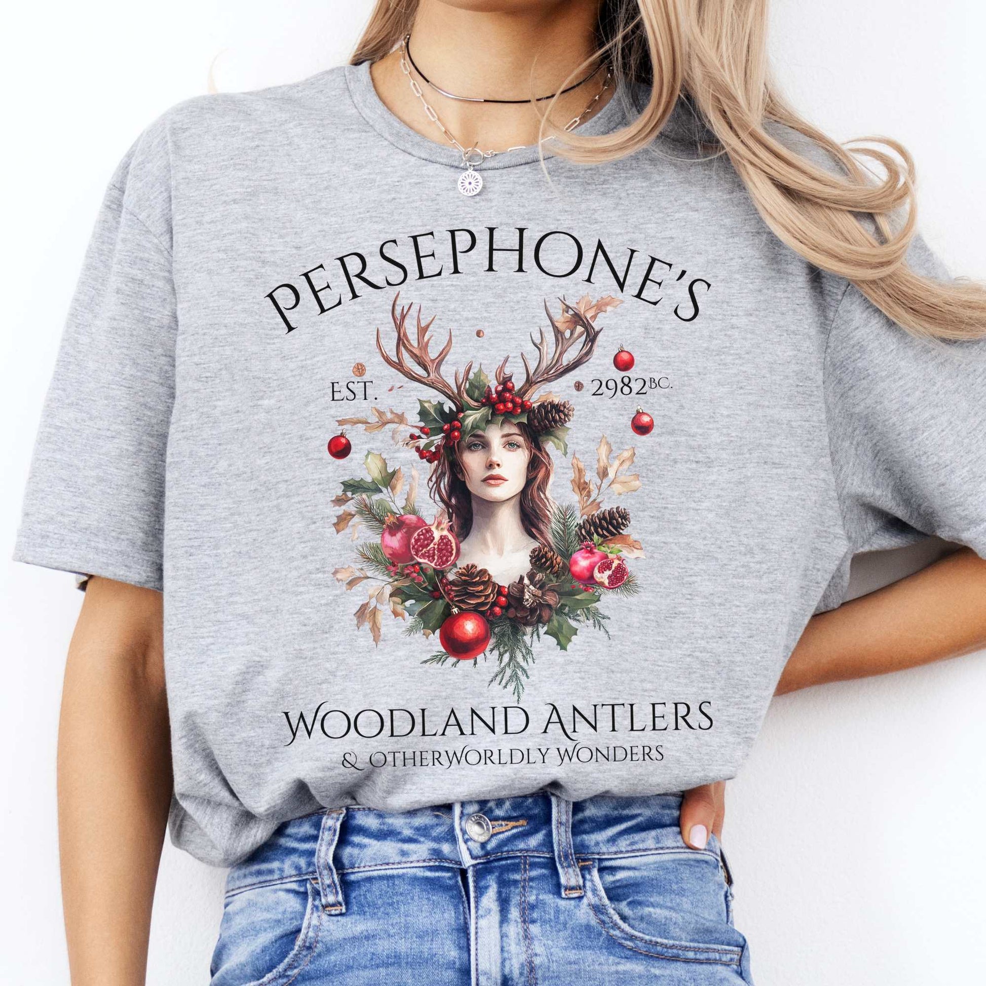 Persephone's Woodland Antlers Christmas T-Shirt Sport Grey / S T-Shirt The Mystic Eden Bookish Book Lovers