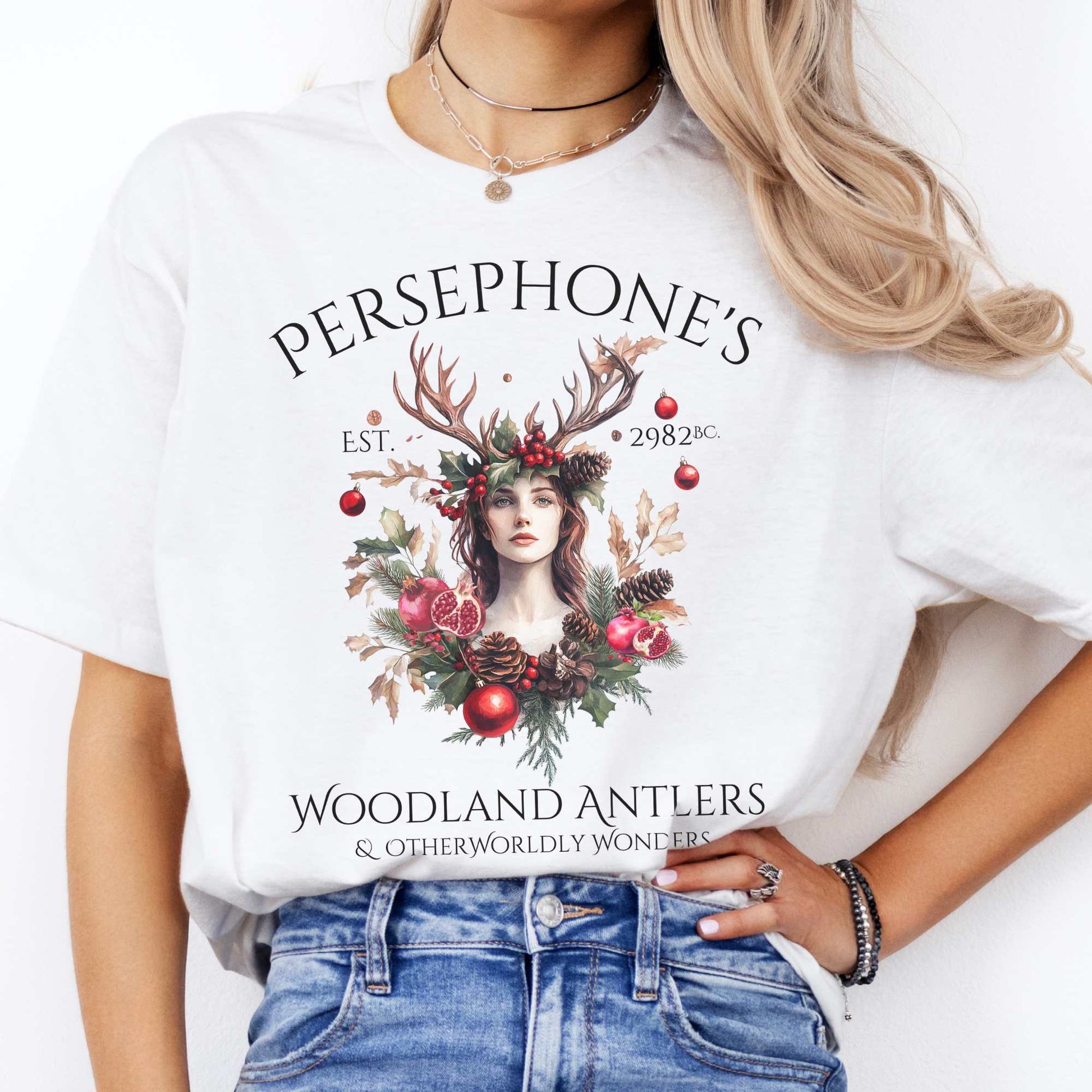 Persephone's Woodland Antlers Christmas T-Shirt White / S T-Shirt The Mystic Eden Bookish Book Lovers
