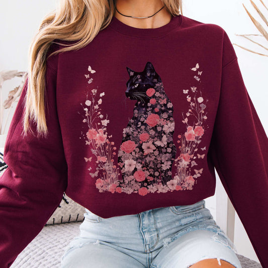 Pink Floral Black Cat Cottagecore Sweatshirt Maroon / S Sweatshirt The Mystic Eden Bookish Book Lovers