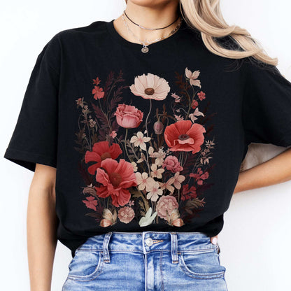 Pink Wildflowers Cottagecore Tee Black / S T-Shirt The Mystic Eden Bookish Book Lovers
