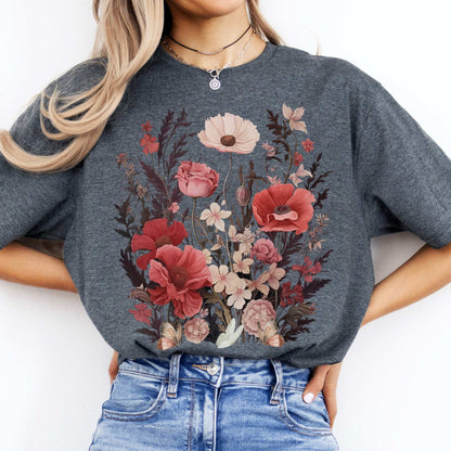 Pink Wildflowers Cottagecore Tee Dark Heather / S T-Shirt The Mystic Eden Bookish Book Lovers