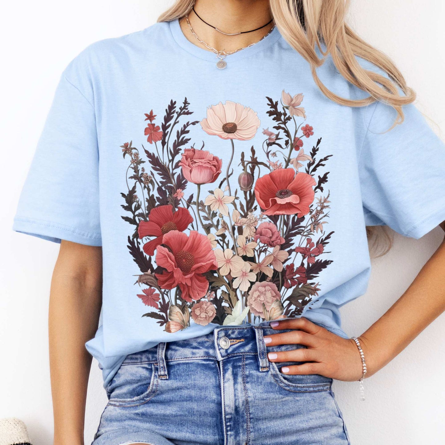 Pink Wildflowers Cottagecore Tee Light Blue / S T-Shirt The Mystic Eden Bookish Book Lovers