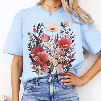 Pink Wildflowers Cottagecore Tee Light Blue / S T-Shirt The Mystic Eden Bookish Book Lovers