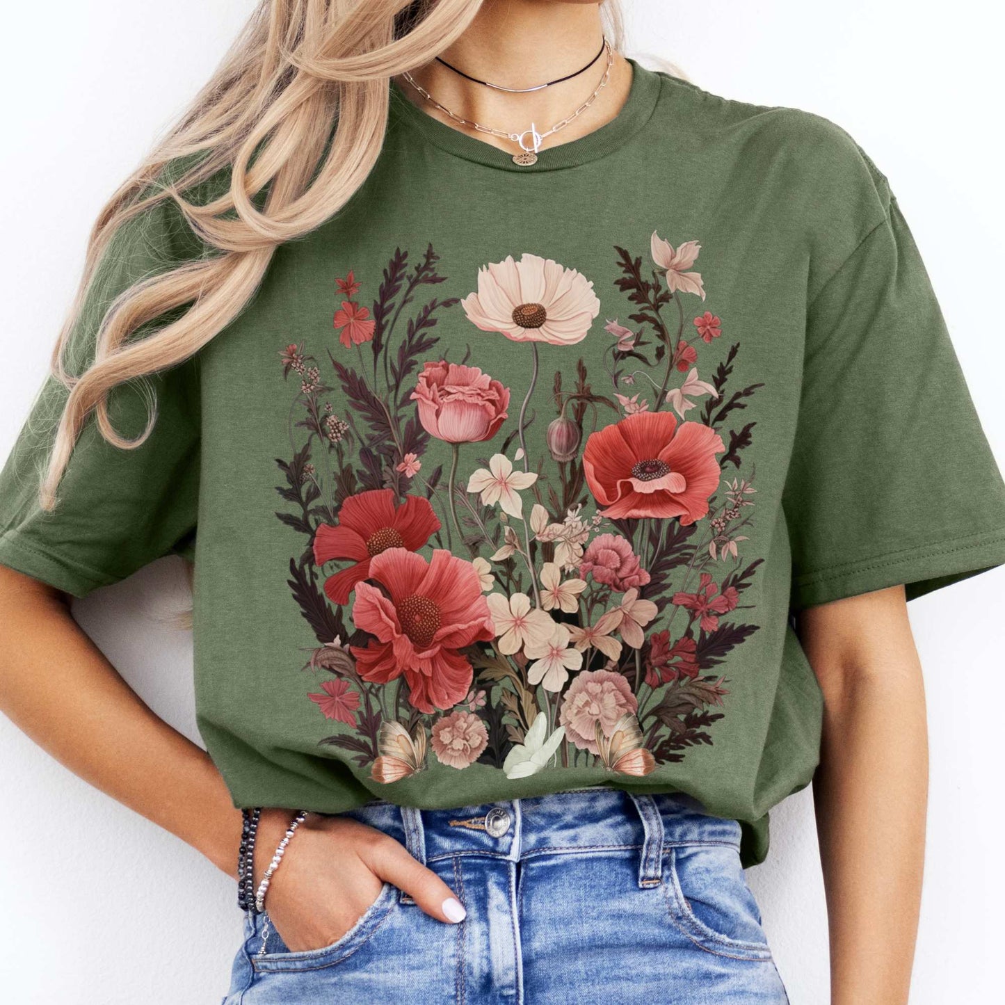 Pink Wildflowers Cottagecore Tee Military Green / S T-Shirt The Mystic Eden Bookish Book Lovers