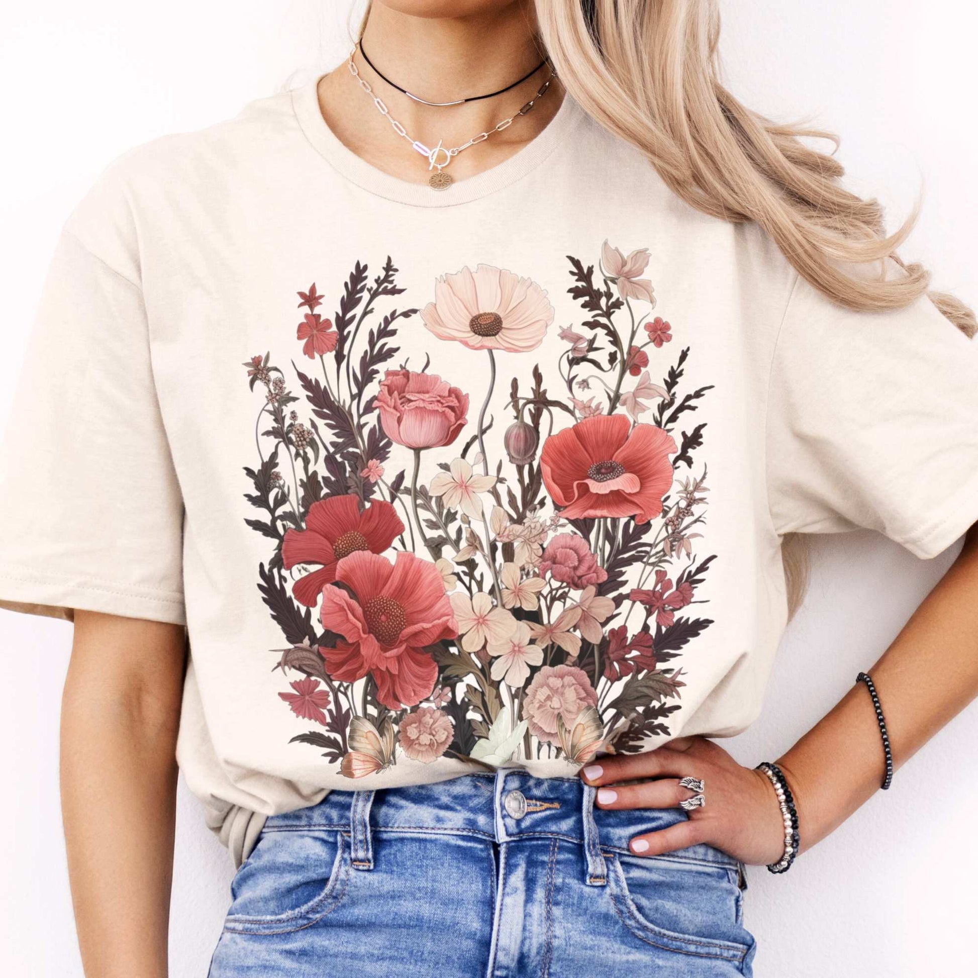 Pink Wildflowers Cottagecore Tee Natural / S T-Shirt The Mystic Eden Bookish Book Lovers