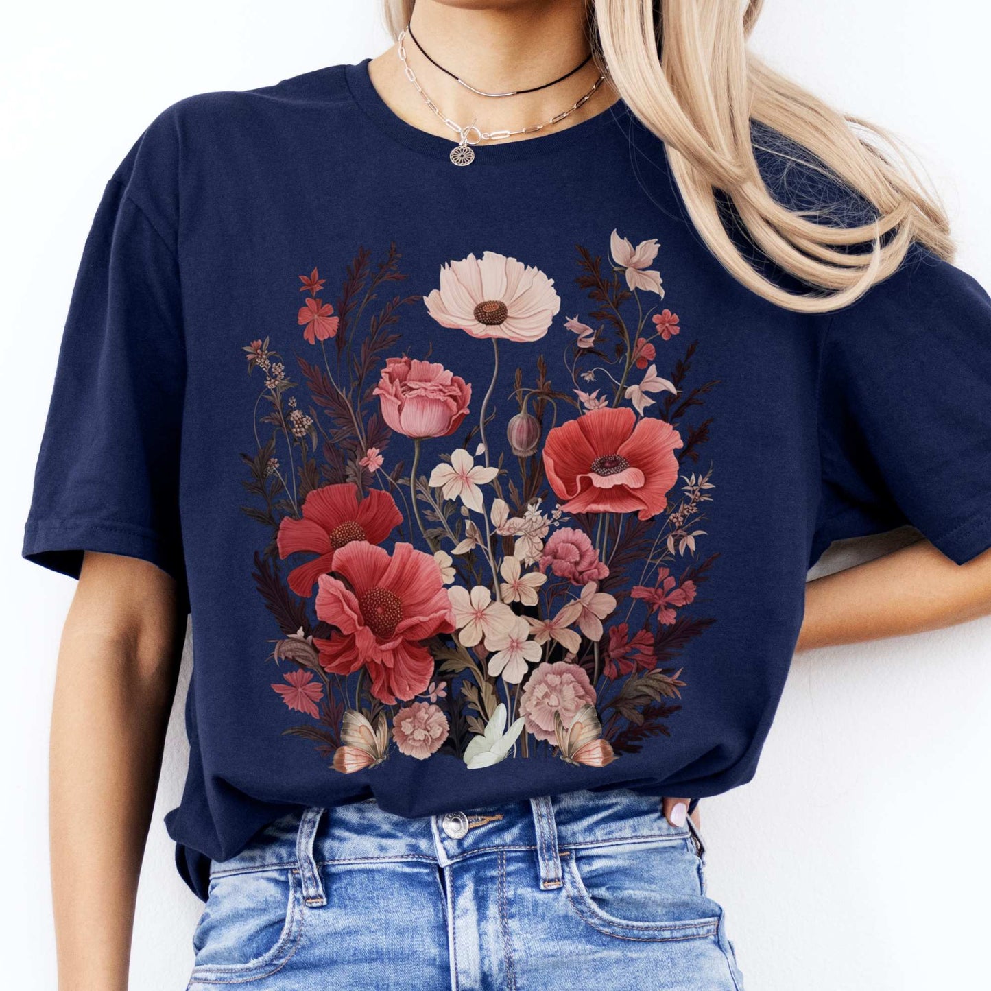 Pink Wildflowers Cottagecore Tee Navy / S T-Shirt The Mystic Eden Bookish Book Lovers