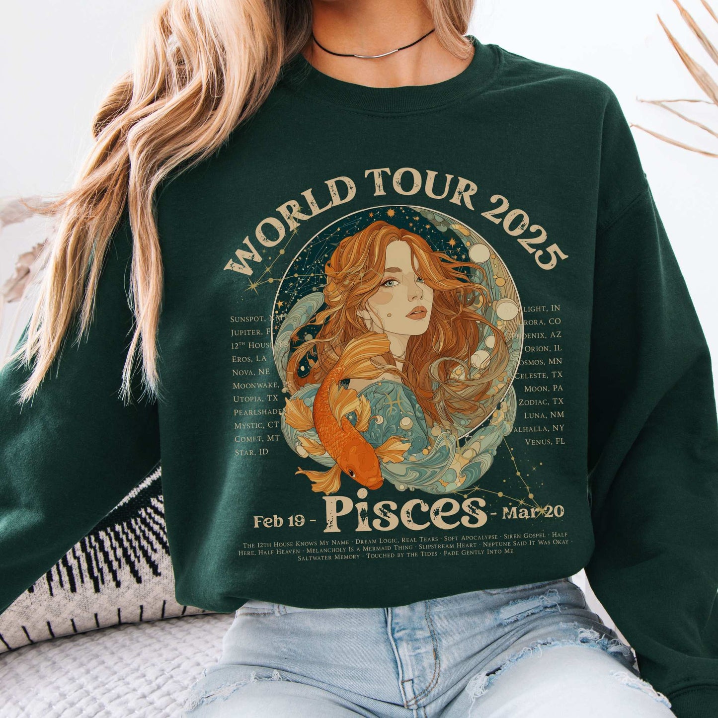 Pisces Concert Sweatshirt - Zodiac World Tour 2025 Sweatshirt Forest Green / S Sweatshirt The Mystic Eden Bookish Book Lovers