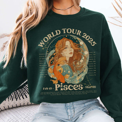 Pisces Concert Sweatshirt - Zodiac World Tour 2025 Sweatshirt Forest Green / S Sweatshirt The Mystic Eden Bookish Book Lovers