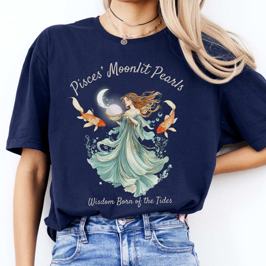 Pisces' Moonlit Pearls Zodiac Shirt Navy / S T-Shirt The Mystic Eden Bookish Book Lovers