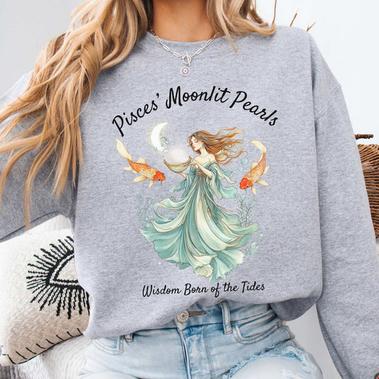 Pisces' Moonlit Pearls Zodiac Sweatshirt Sport Grey / S Sweatshirt The Mystic Eden Bookish Book Lovers