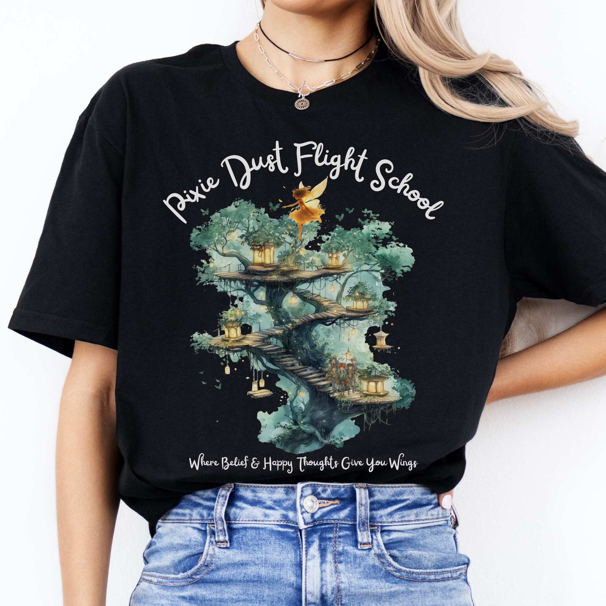 Pixie Dust Flight School Peter Pan Shirt - J M Barrie Black / S T-Shirt The Mystic Eden Bookish Book Lovers